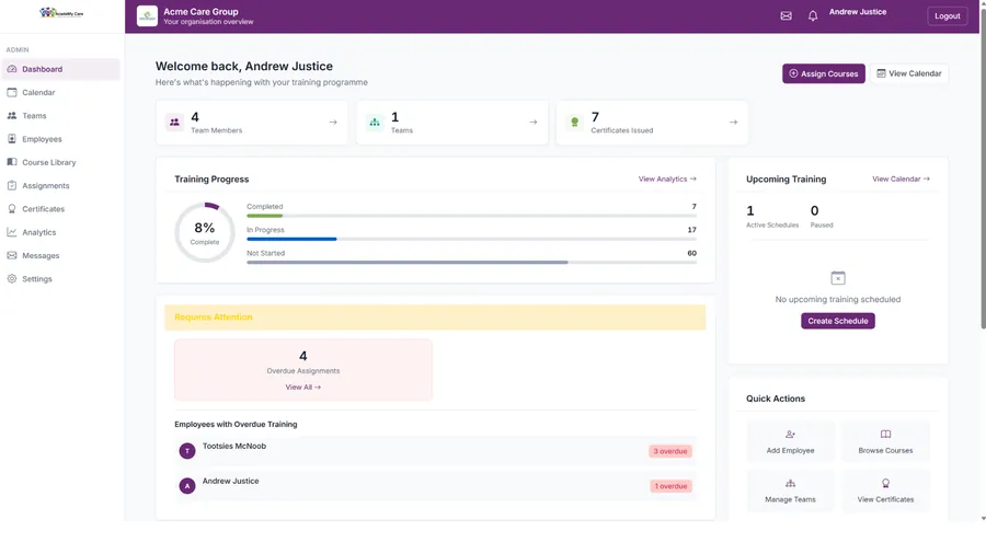 The Academy Care organisation dashboard, showing training progress, certificates issued and overdue assignments