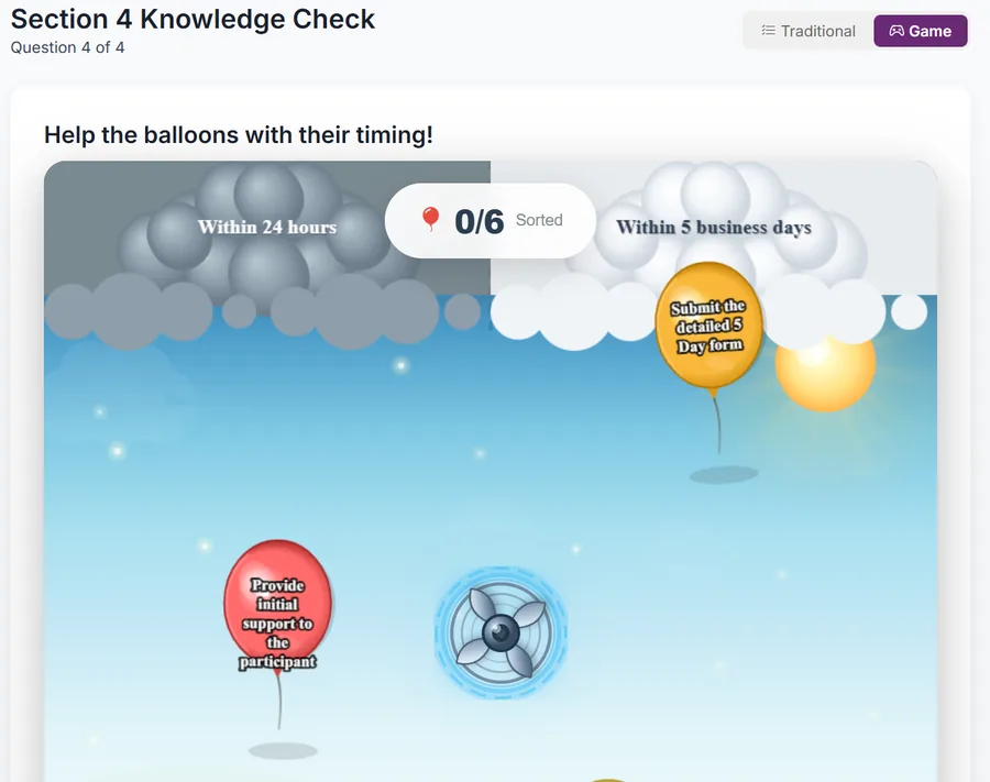 The balloons sorting game: labelled balloons such as Submit the detailed 5 Day form drift towards two cloud banks headed Within 24 hours and Within 5 business days, with a fan in the middle and a counter reading 0 of 6 sorted.