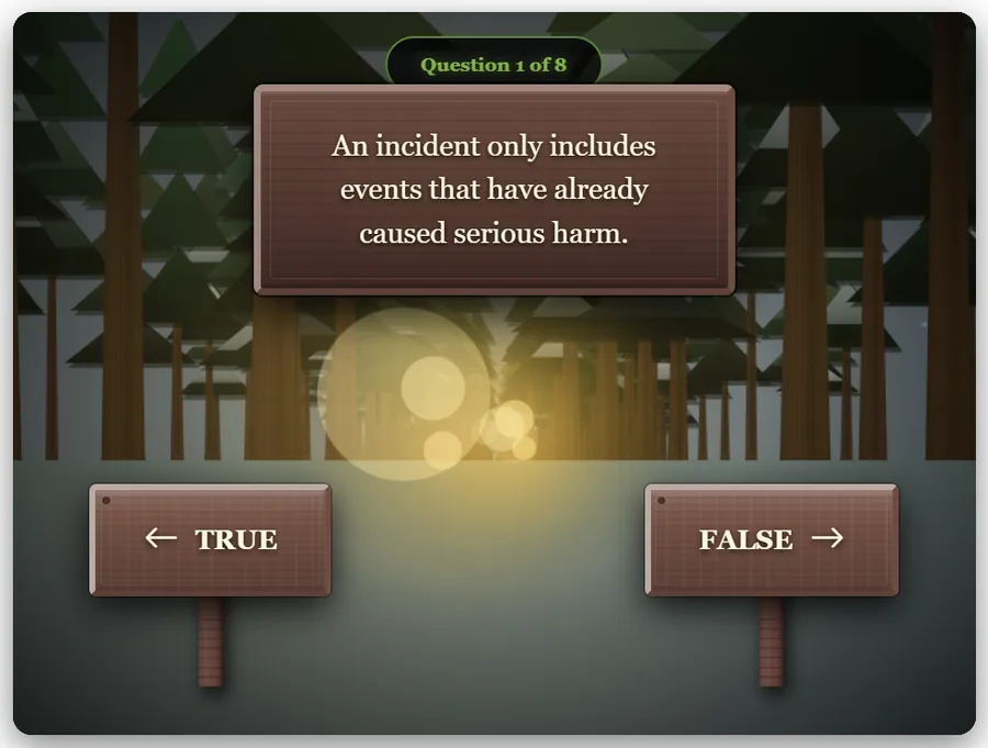 The forest path game: a wooden sign in a forest reads that an incident only includes events that have already caused serious harm, with TRUE and FALSE signposts pointing left and right.