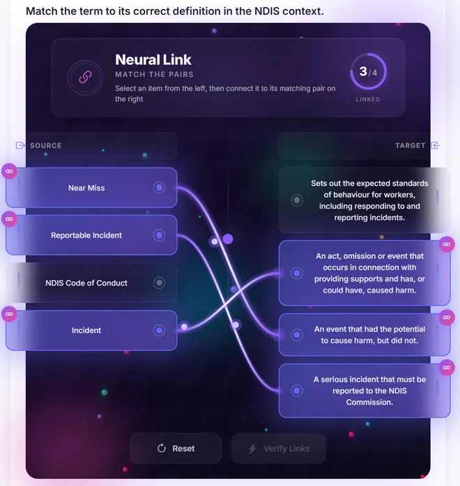 The Neural Link matching game: terms such as Near Miss, Reportable Incident and NDIS Code of Conduct on the left, joined by glowing curved lines to their definitions on the right, with three of four linked.