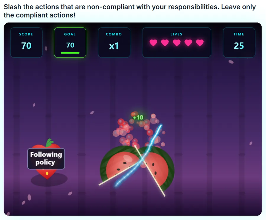 The compliance fruit ninja game: fruit labelled with actions such as Following policy fly across the screen, with score, goal, combo, lives and a countdown along the top.