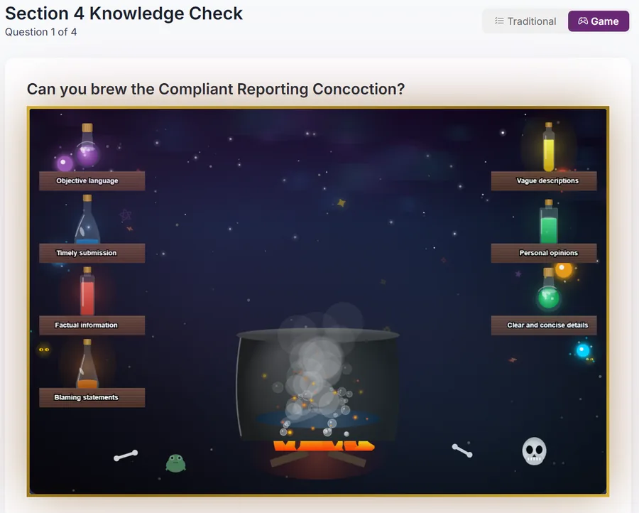The potion maker game: bottles labelled Objective language, Timely submission, Factual information and Blaming statements sit on shelves either side of a bubbling cauldron, under the question can you brew the Compliant Reporting Concoction.