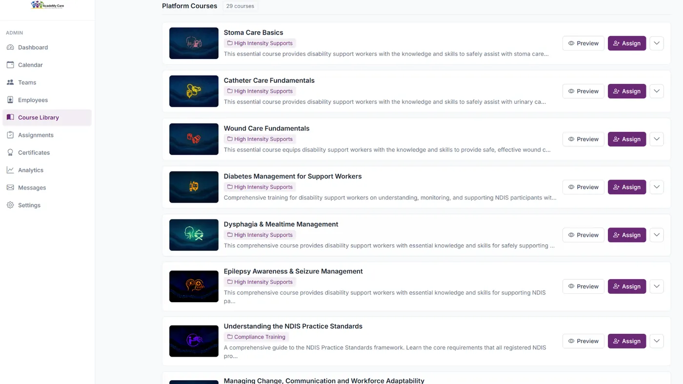The Academy Care course library: a list of courses including Stoma Care Basics, Catheter Care Fundamentals, Wound Care Fundamentals and Diabetes Management for Support Workers, each with a category tag and Preview and Assign buttons.