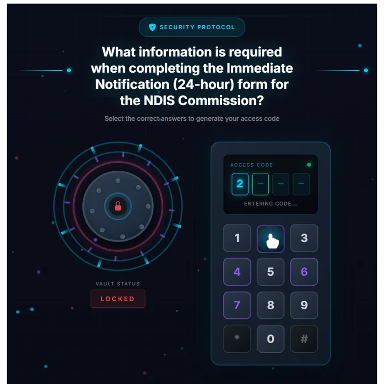 The keypad escape room: a question about what information a form to the NDIS Commission requires, with a vault marked LOCKED beside a numeric keypad showing a partly entered access code.