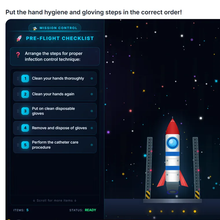 The starship launch game: a pre-flight checklist of five hand hygiene and gloving steps to be dragged into the correct order, beside a rocket on a launch pad.
