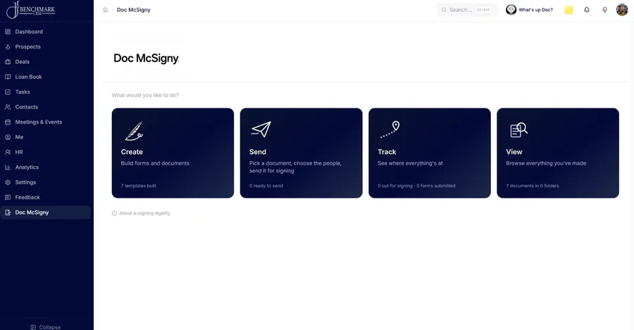 Doc McSigny, the e-signing module. Four dark cards read Create, Send, Track and View, each with a line illustration and a count underneath.