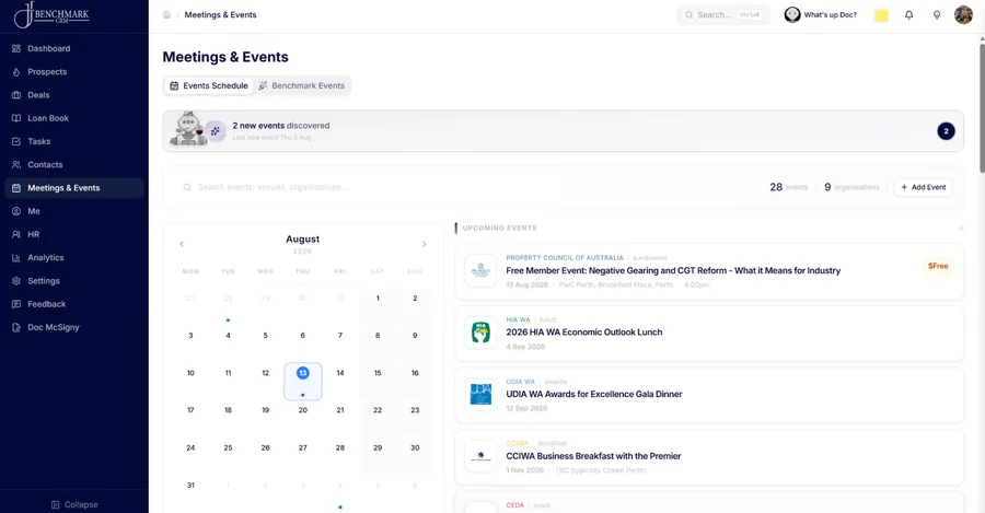 The meetings and events module. A banner reads two new events discovered, beside a robot character. Below, a month calendar and a list of upcoming industry events from property and construction bodies.