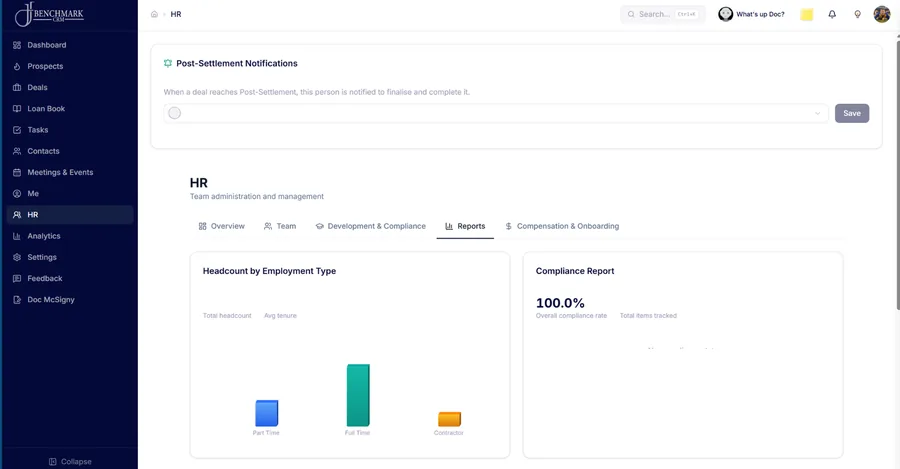 The HR module, showing tabs for overview, team, development and compliance, reports, and compensation and onboarding.