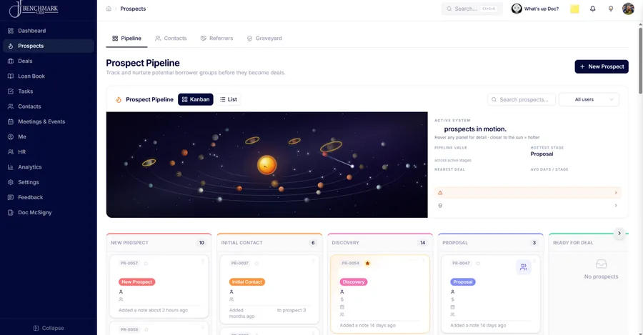 The Benchmark CRM prospect pipeline, with a solar system visualisation above a kanban board