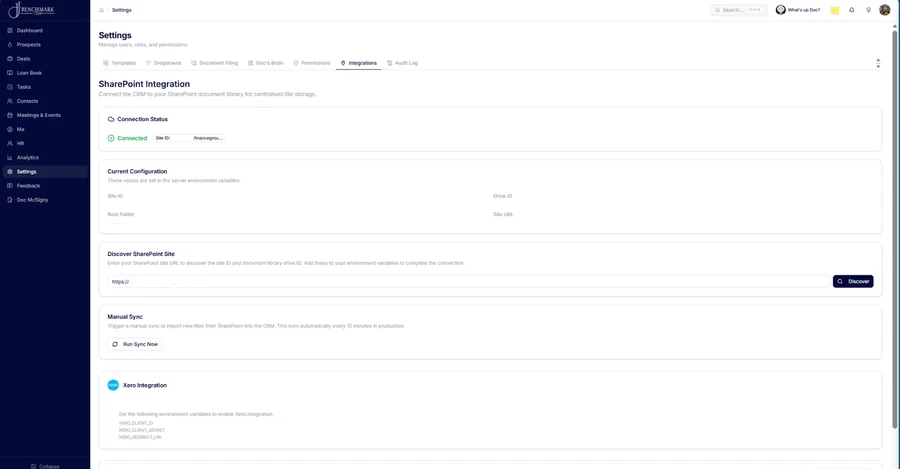 The settings module, showing configuration options for the system.