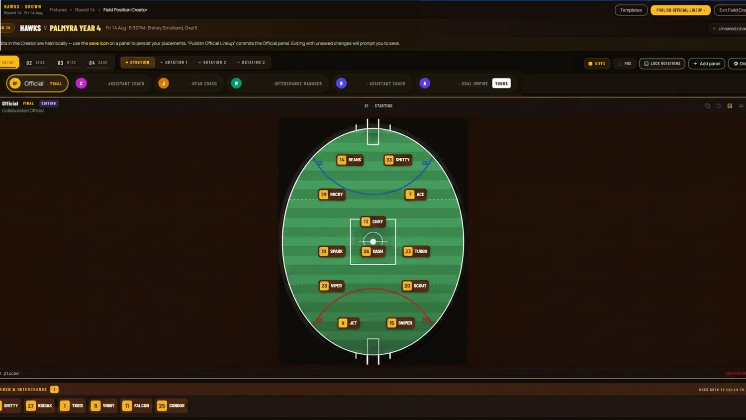 The field position creator: an AFL oval with players placed in position slots, a bench row underneath, and a strip of coaching roles across the top