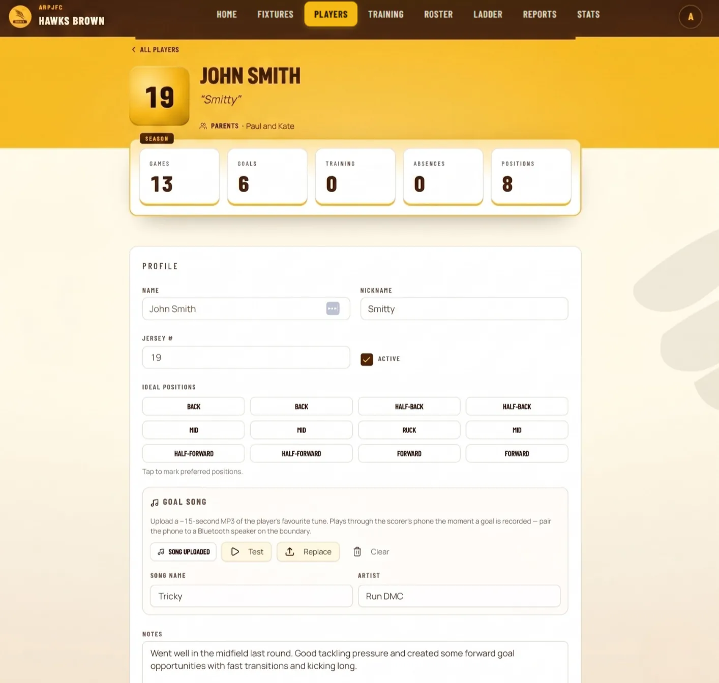 A player profile screen showing season counts, preferred positions, a goal song with the track attached, and a notes field