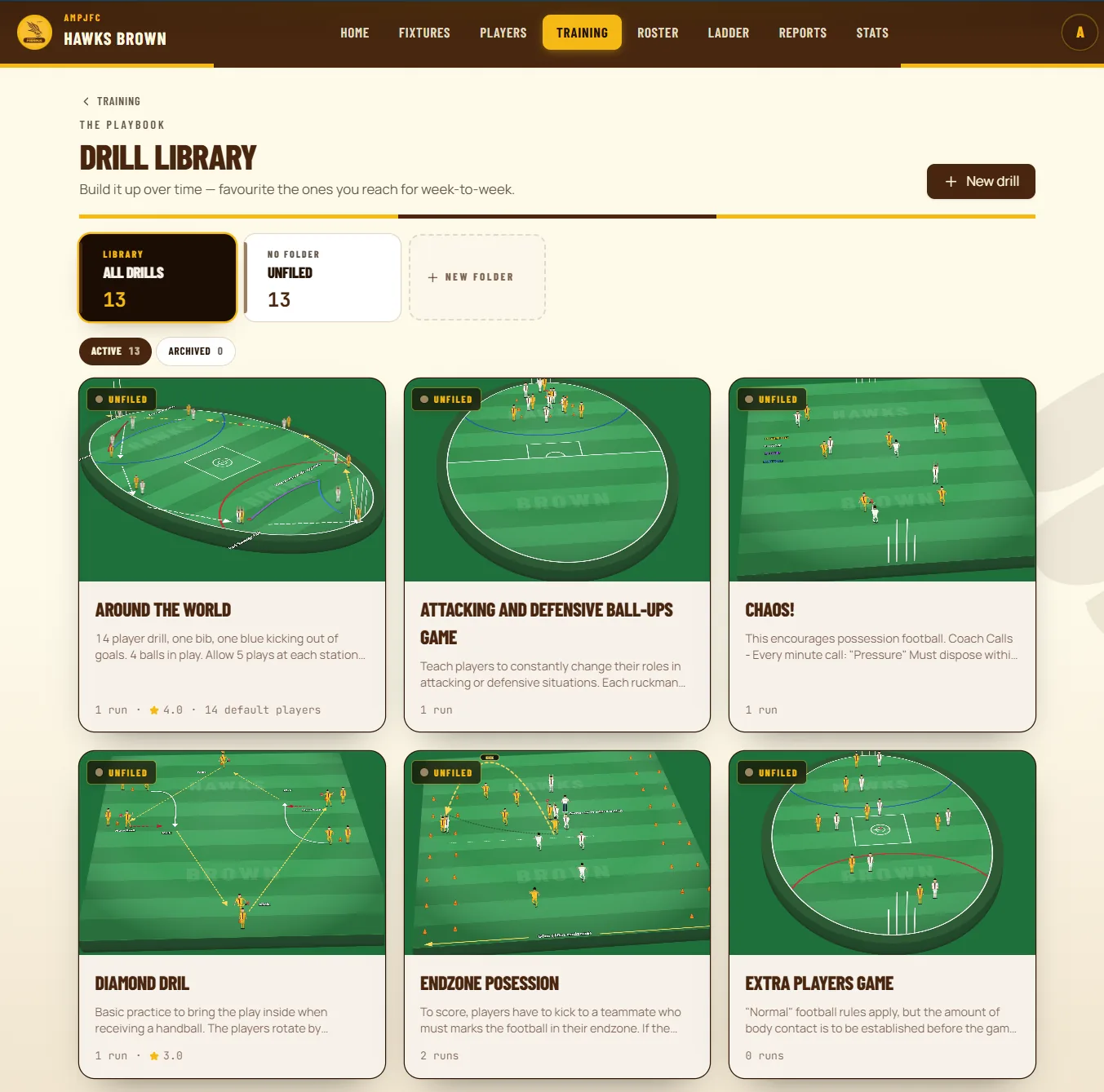 The drill library, showing coaching drills as cards, each with a diagram of player movements on the field