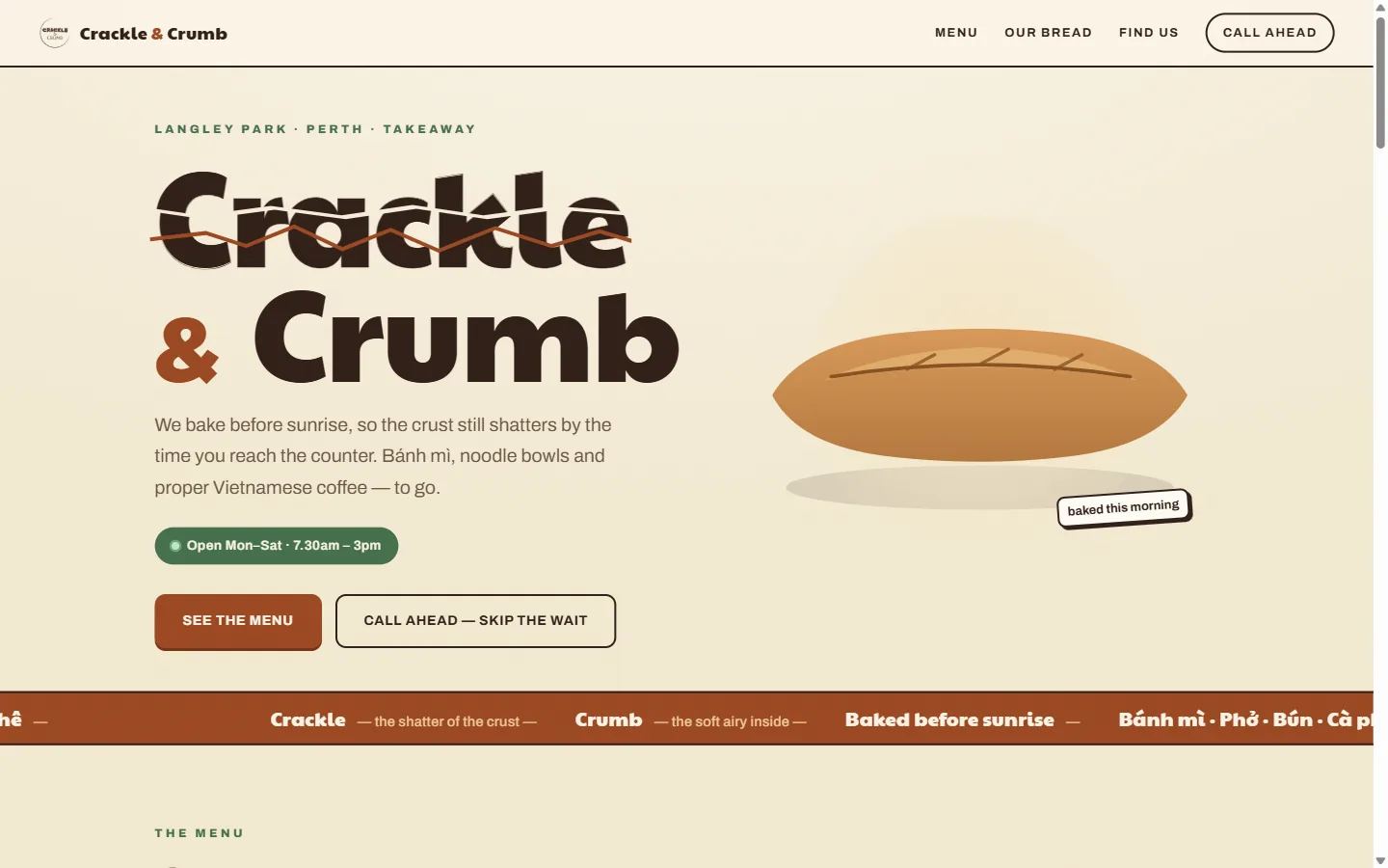 The Crackle and Crumb home page: cream and brown, the wordmark Crackle split by a fracture running right through the letters, a bread loaf beside it, and a small sticker reading baked this morning.