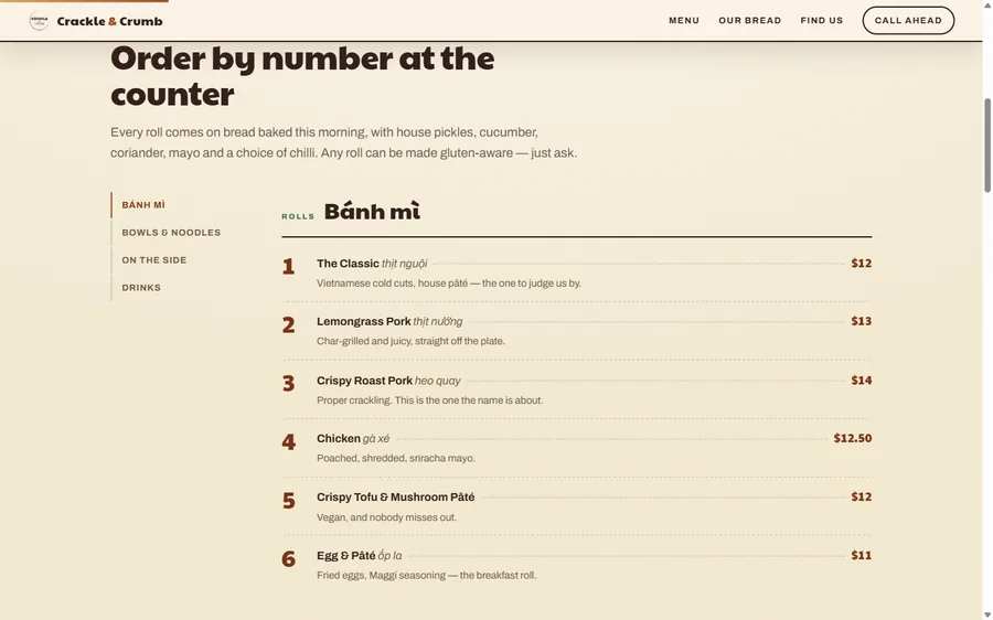 The Crackle and Crumb menu: numbered bánh mì rolls with Vietnamese names in italic, dotted leader lines to prices, and a category rail down the left.