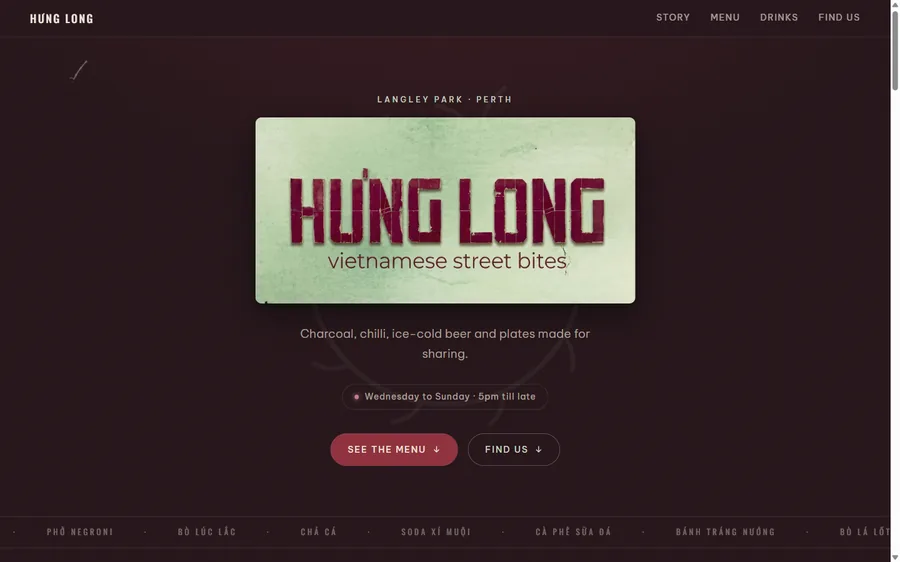 The Hung Long home page, a dark oxblood hero built to look like a hand-painted wall sign