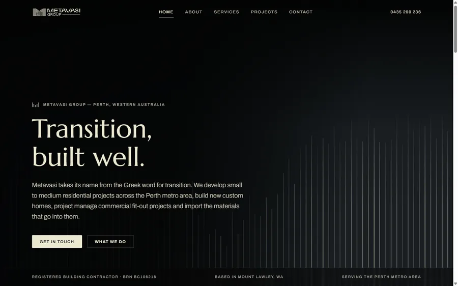The Metavasi Group home page, with the headline Transition, built well