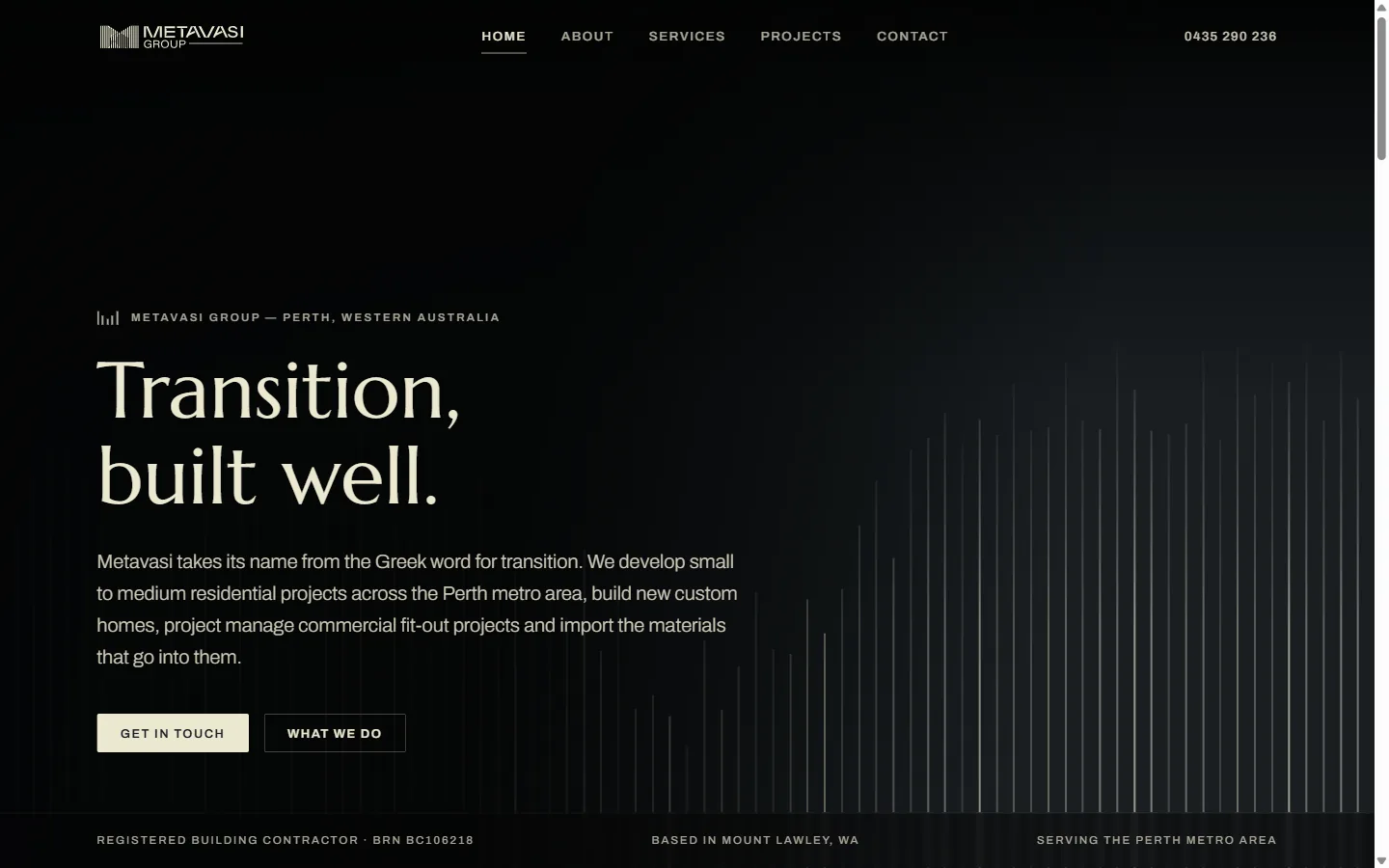 The Metavasi Group home page, with the headline Transition, built well, over a fine vertical louvre motif